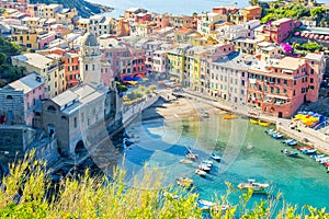 View on beautiful Vernazza town from above. Vernazza is one of the most popular old village in Cinque Terre, Italy