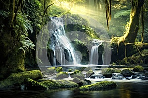 The view of the beautiful waterfall in the forest with soft flowing water and the sunlight shining above.