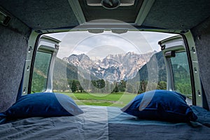 View from bed in camper van to Kamnik-Savinja Alps