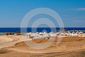 View of Bedouin Canvas Tents on a Sunny Day on Beach in Marsa Alam