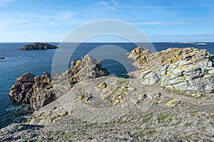 View from Beg er Vachif peninsula in west of Houat island in French Brittany. Guric islet is at left background