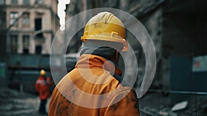 View from behind, Construction worker in yellow helmet at work