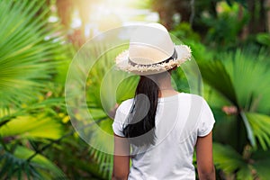 View from behind a girl wearing straw hat standing in the palm garden under sunlight