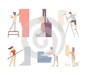 View from behind of male and female painters painting wall with rollers set cartoon vector illustration