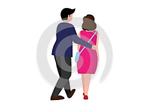 View from behind of young couples walking and embracing each other in love. Vector illustration