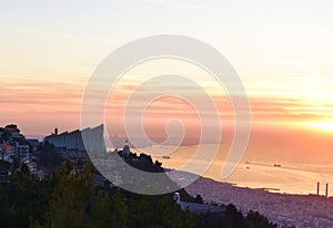 View of Beirut and lebanese Mediterranean coast from Mount Lebanon and Harissa modern maronite sanctuary in foreground