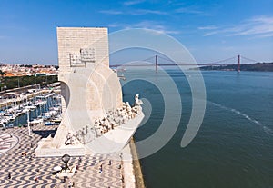 View of Belem district, civil parish of the municipality of Lisbon, Portugal, with Monument to the Discoveries and 25th of April B