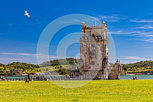 View at the Belem tower at the bank of Tejo River in Lisbon, Portugal. The Belem Tower (Torre de Belem), Lisbon, Portugal. At the