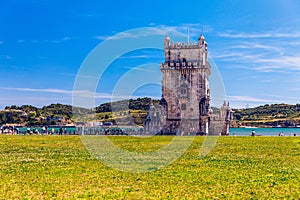 View at the Belem tower at the bank of Tejo River in Lisbon, Portugal. The Belem Tower Torre de Belem, Lisbon, Portugal. At the