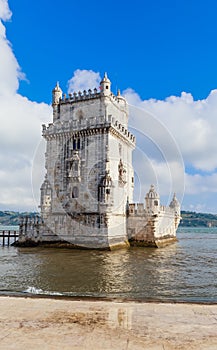 View of Belem Tower on the Tagus River a famous landmark in Lisbon, Portugal
