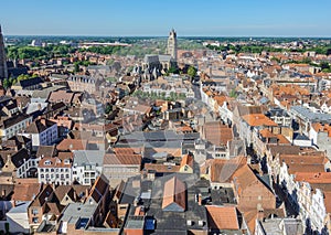 View from Belfry tower: Soutwest along Steenstraat in Bruges, Flanders, Belgium