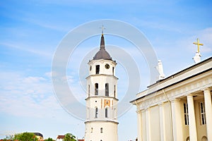 View of the bell tower and the cathedral of the Basilica of St. Stanislaus and St. Vladislav. Vilnius, Lithuania