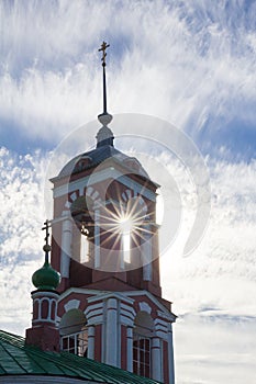 View of the bell tower of the Church of Forty martyrs on the banks of lake Pleshcheyevo. Autumn. Pereslavl-Zalessky. Russia.