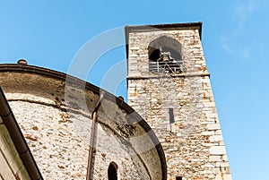 View of the bell tower of Church of Saints Peter and Paul in Sant Abbondio location in Gambarogno, Switzerland