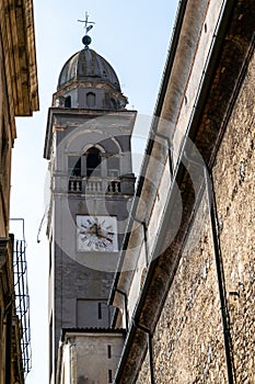A view of the bell tower of the Church of San Lorenzo, in classical style with three-mullioned windows,  Soave, Italy