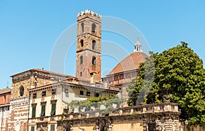 View of the bell tower of the Church of Santi Giovanni e Reparata, in the historic center of Lucca, Tuscany