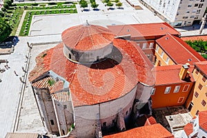 View from the bell tower of the church of St. Anastasia on Church of St. Donat and Forum in Zadar, Croatia