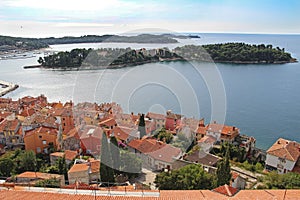 View from the bell tower of the Church of St. Euphemia on the Katarina Island and the Rovinj old town, on the Adriatic Coast Line