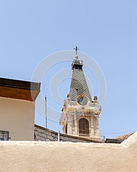 View  of the bell tower of the Custodia Terrae Sanctae from the Christian quarter in the old city of Jerusalem, Israel
