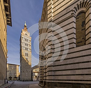 View of the bell tower of the Duomo and the baptistery of Pistoia, Tuscany, Italy