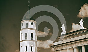 View Of Bell Tower And Facade Of Cathedral Basilica Of St. Stanislaus And St. Vladislav On Cathedral Square, Vilnius