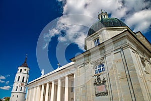 View Of Bell Tower And Facade Of Cathedral Basilica Of St. Stanislaus And St. Vladislav On Cathedral Square, Vilnius