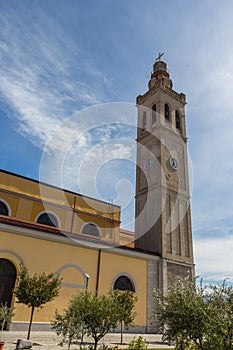 View of the bell tower of the St Stephen`s Catholic Cathedral in Shkoder. Albania