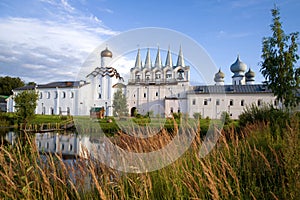 View of the bell tower of the Tikhvin Uspensky monastery. Leningrad Region, Russia