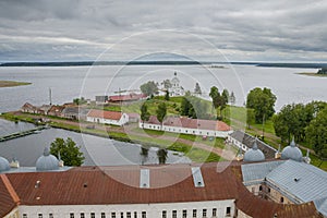 View from the bell tower to The Nilov Monastery and to The Lake Seliger, Stolobny Island, Tver Oblast, Russia photo
