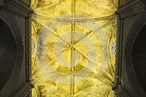 View from bellow of a gothic vault, Seville's Cathedral, Spain