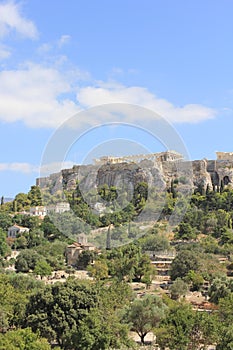 View from below of the Acropolis hill in Athens, Greece