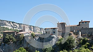 View from below of the beautiful village of Puentedey, Merindades, Burgos, Spain,