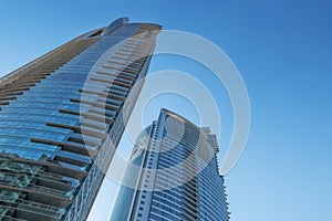 View from below of Dubai Skyscrapers. UAE