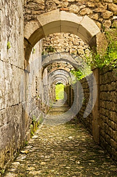 View below the lateral buttresses of the ancient Abbey of San Liberatore a Majella in Abruzzo Italy