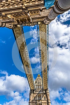 View from below looking up in nadir of Tower Bridge, with the view of the Corridors and upper platforms of the walkways with glass photo