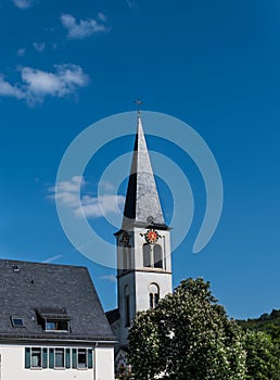 View from below of the Protestant church in Boppard, Germany on a sunny afternoon