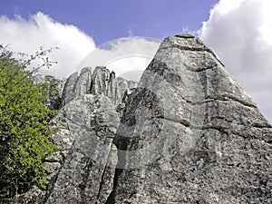 View from below of the rock formations of Torcal of Antequera, Malaga, Andalusia, Spain