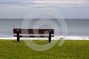 View of a bench, Peterhead, Aberdinshire, Scotland, UK photo