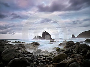 View of Benijo beach on cloudy evening, Tenerife, Spain