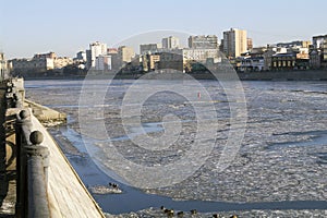 View from Berezhkovskaya on Moscow river covered with ice