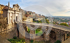 View of Bergamo with Porta San Giacomo gate, Sant Andrea platform of Venetian Walls at morning. Italy