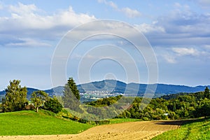 View from Bergdietikon to Uetliberg mountain with tv tower near zurich switzerland