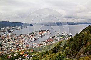 View on Bergen and harbor from the mount Floyen, Norway.