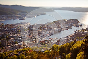 View on Bergen Norway. Tilt shift lens. Bergen is a city and municipality in Hordaland on the west coast of Norway. Bergen is the