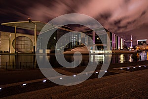 View of Berlin government district from bridge at night