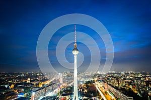 View of the Berlin TV Tower (Fernsehturm) at night, in Mitte, Be