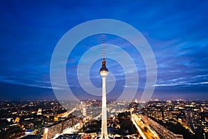 View of the Berlin TV Tower (Fernsehturm) at night, in Mitte, Be