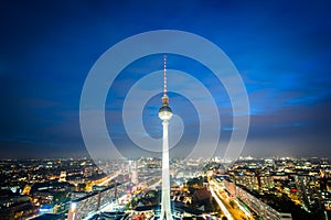 View of the Berlin TV Tower (Fernsehturm) at night, in Mitte, Be photo
