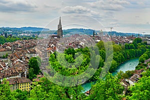 View of Bern old town cityscape with old buildings Bern Minster cathedral tower