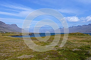 View of Berufjordur fjord and surrounding mountains from Ring Road, Iceland. photo